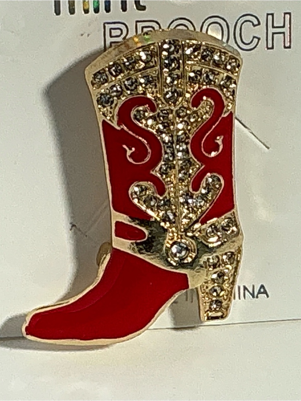 Red Enamel Cowboy Boot Brooch with Gold Rhinestone Accents